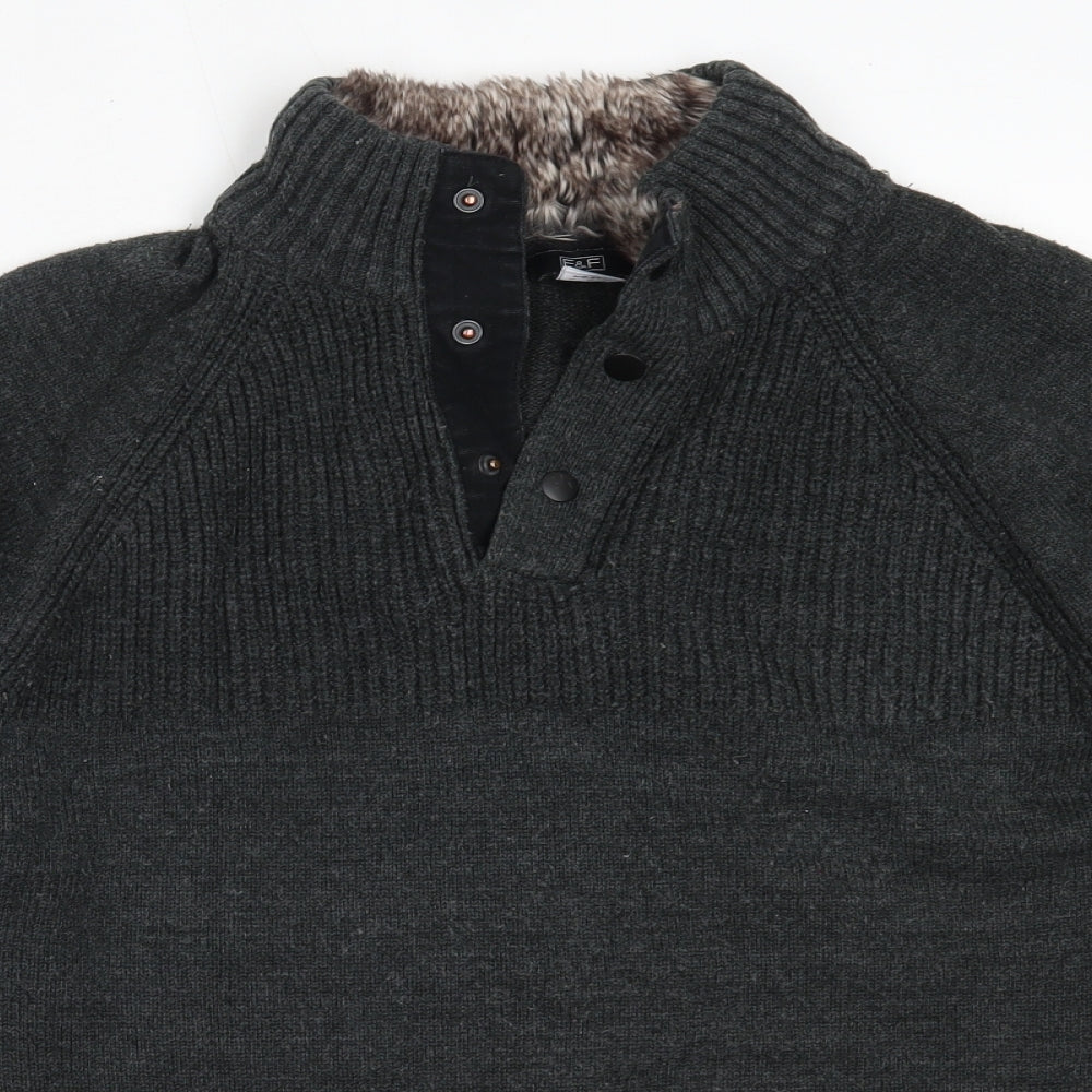 F&F Mens Grey High Neck  Acrylic Henley Jumper Size M