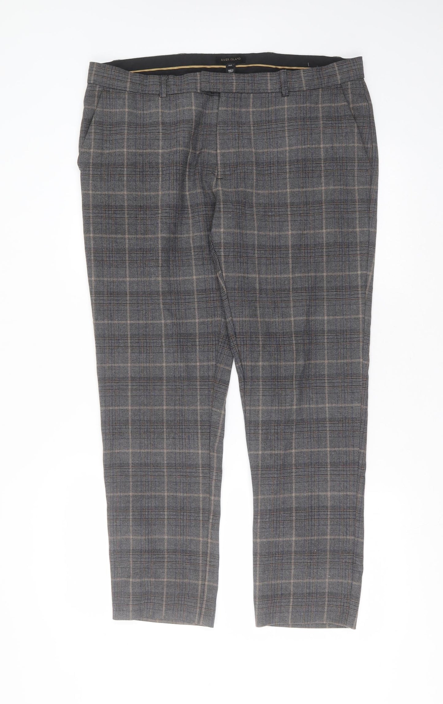 River Island Mens Grey Check Polyester Trousers  Size 36 in L29 in Regular Zip