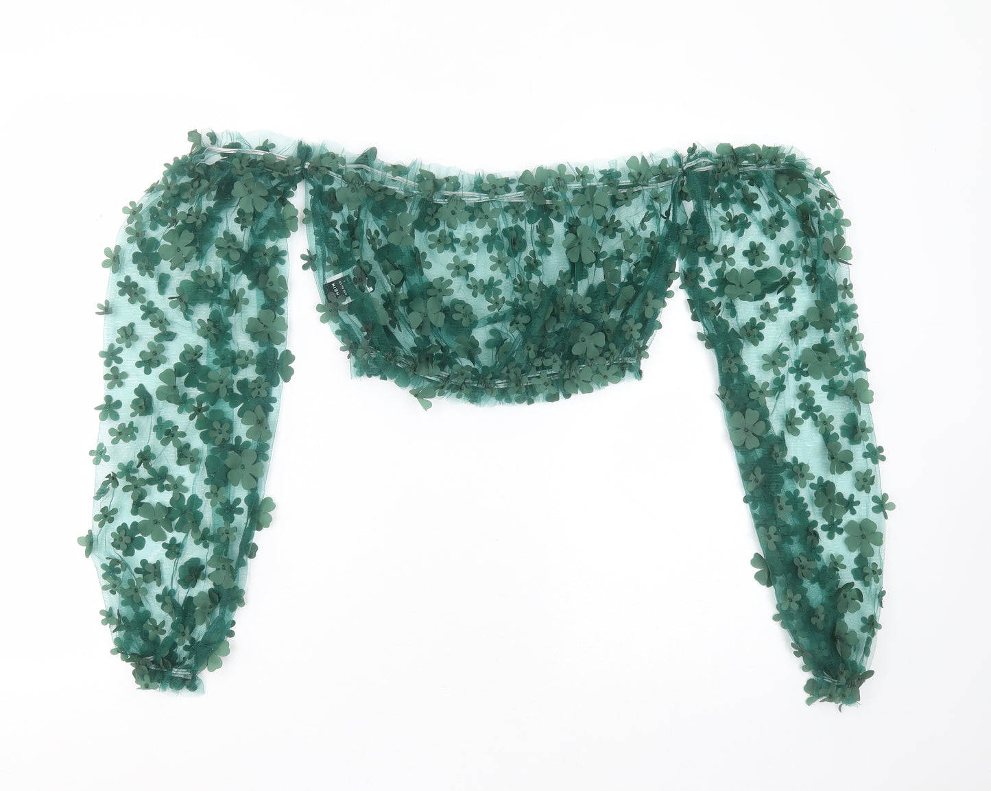SheIn Womens Green Floral Polyester Cropped Blouse Size M Round Neck - sheer