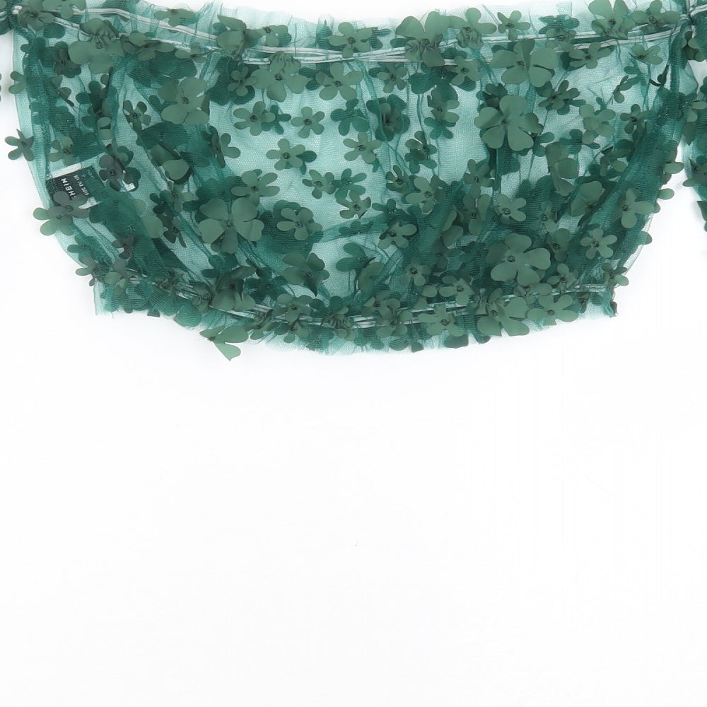 SheIn Womens Green Floral Polyester Cropped Blouse Size M Round Neck - sheer