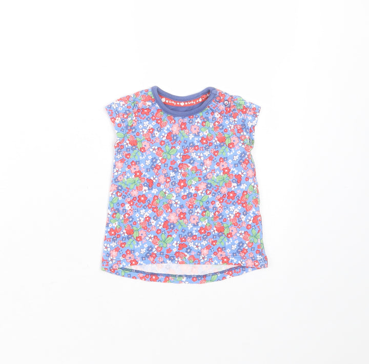 TU Girls Blue Floral Cotton Basic T-Shirt Size 0-3 Months Round Neck