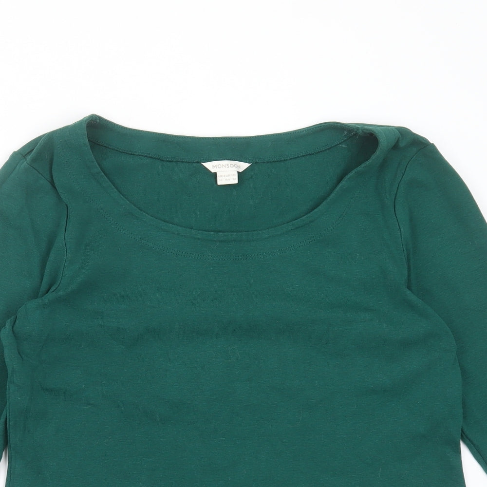 Monsoon Womens Green  Cotton Basic T-Shirt Size 16 Scoop Neck