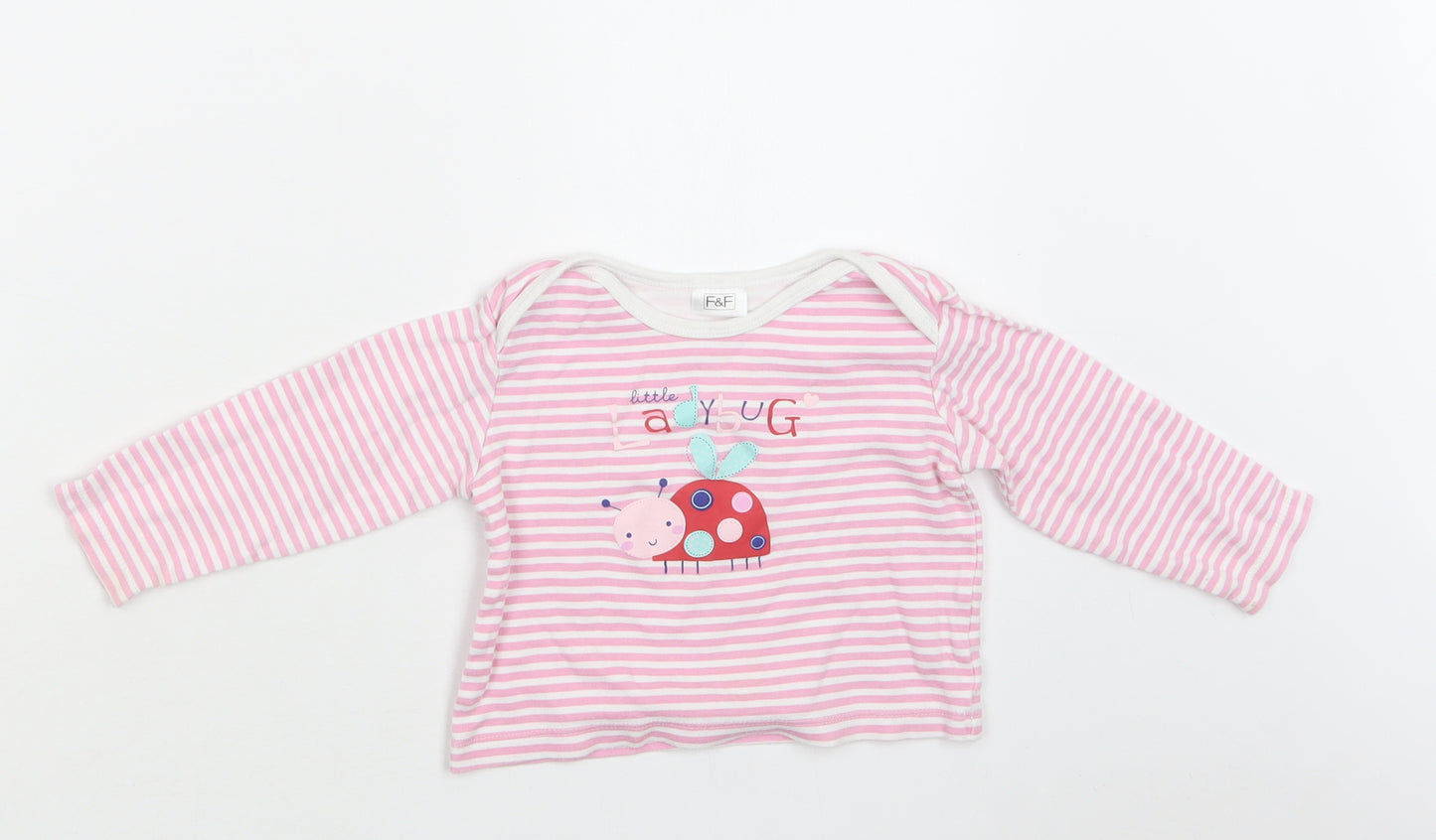 F&F Baby Pink Striped Cotton Basic Blouse Size 12-18 Months Crew Neck  - Ladybug