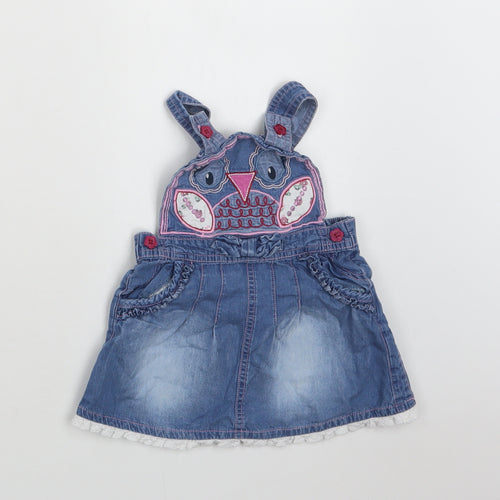 M &Co Baby Blue  Cotton Pinafore/Dungaree Dress  Size 9-12 Months  Square Neck Button - Owl