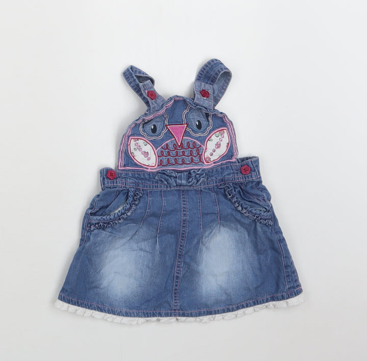 M &Co Baby Blue Cotton Pinafore/Dungaree Dress Size 9-12 Months Square Neck Button - Owl
