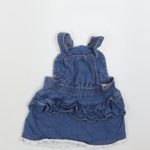 M &Co Baby Blue  Cotton Pinafore/Dungaree Dress  Size 9-12 Months  Square Neck Button - Owl