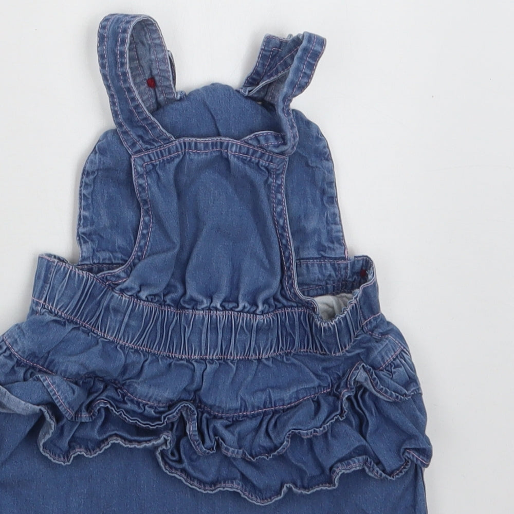 M &Co Baby Blue  Cotton Pinafore/Dungaree Dress  Size 9-12 Months  Square Neck Button - Owl
