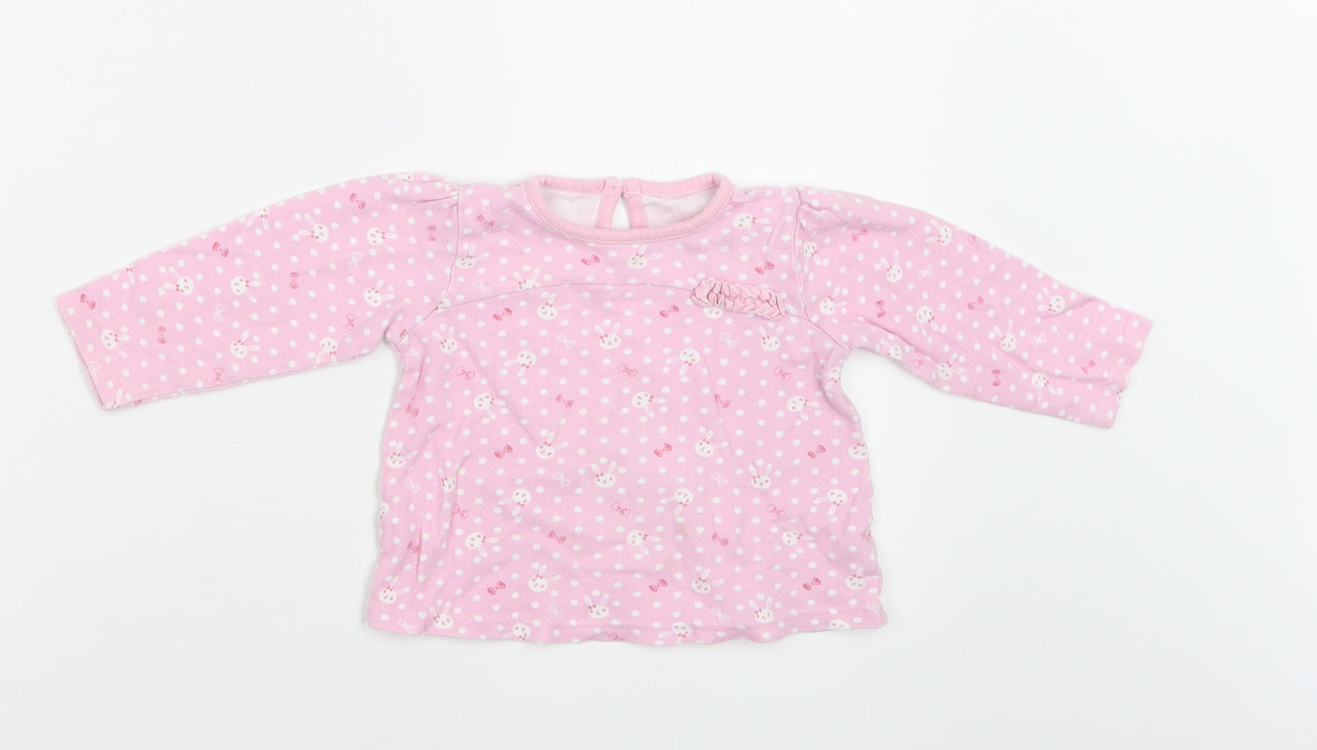 George Baby Pink Polka Dot Cotton Basic Blouse Size 9-12 Months Crew Neck Button - Bunny Print