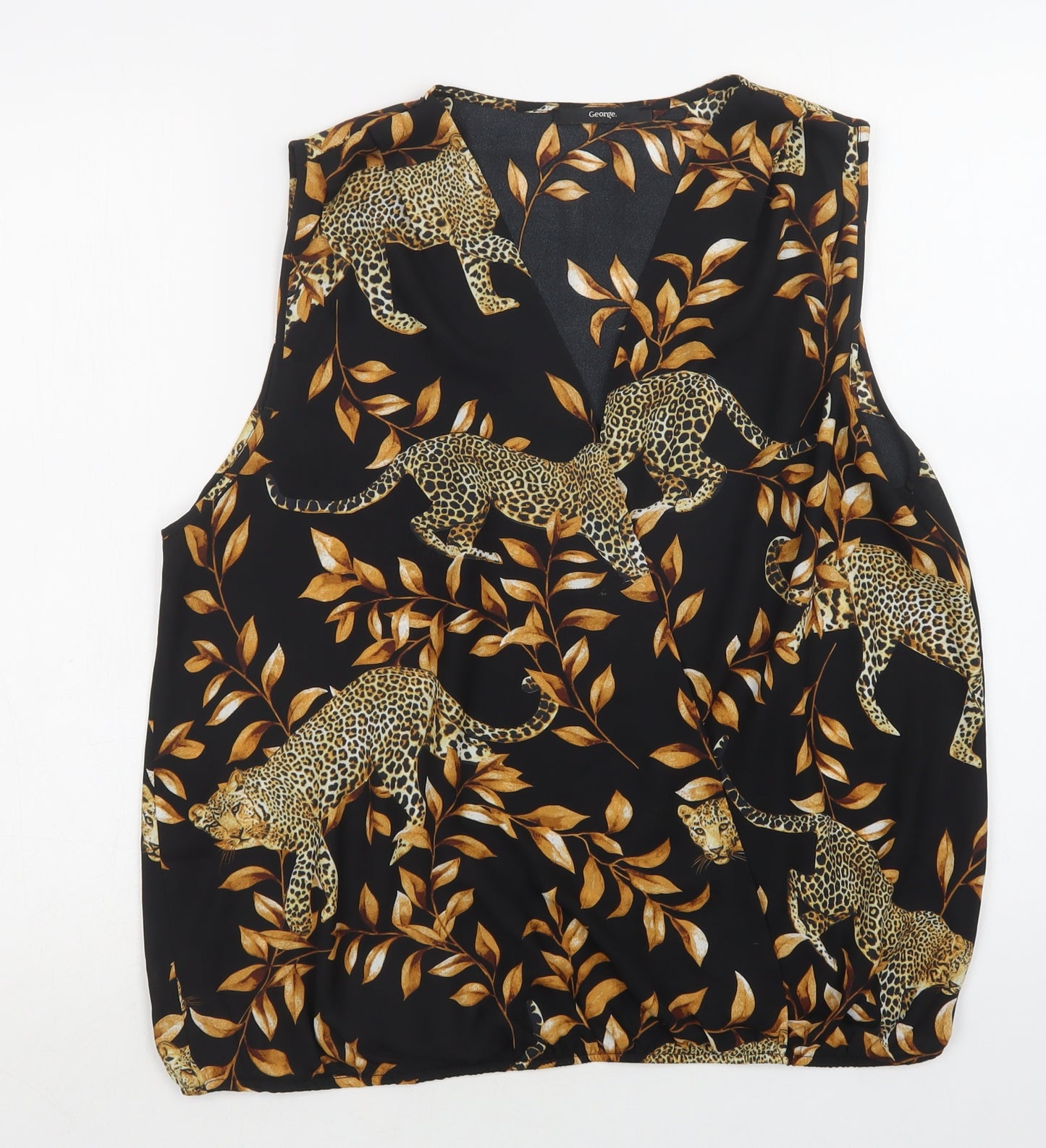 George Womens Black Floral Polyester Basic Blouse Size 16 V-Neck