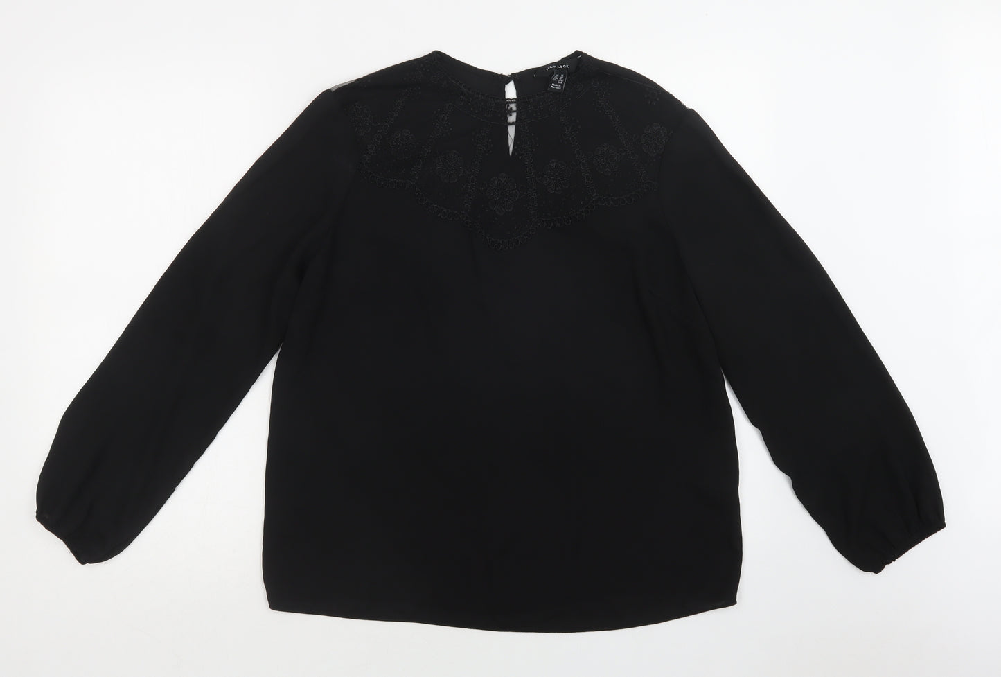 New Look Womens Black  Polyester Basic Blouse Size 14 Round Neck - Lace Detail
