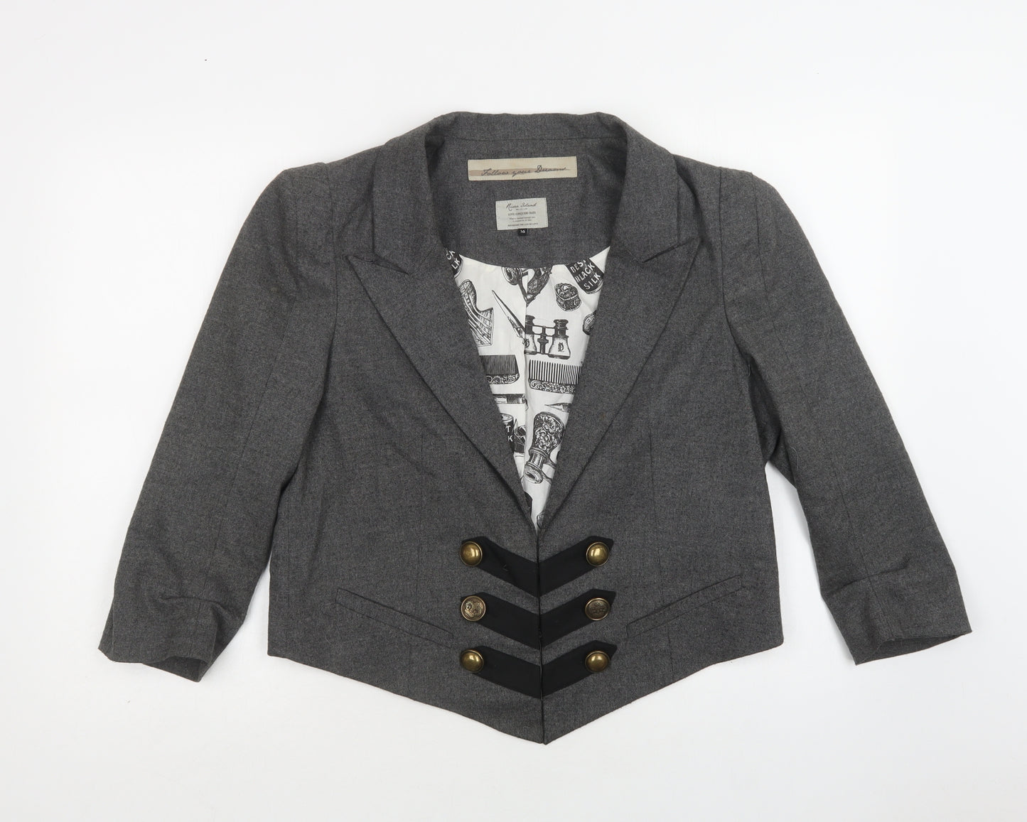 River Island Womens Grey   Military Jacket Blazer Size 16  Hook & Eye