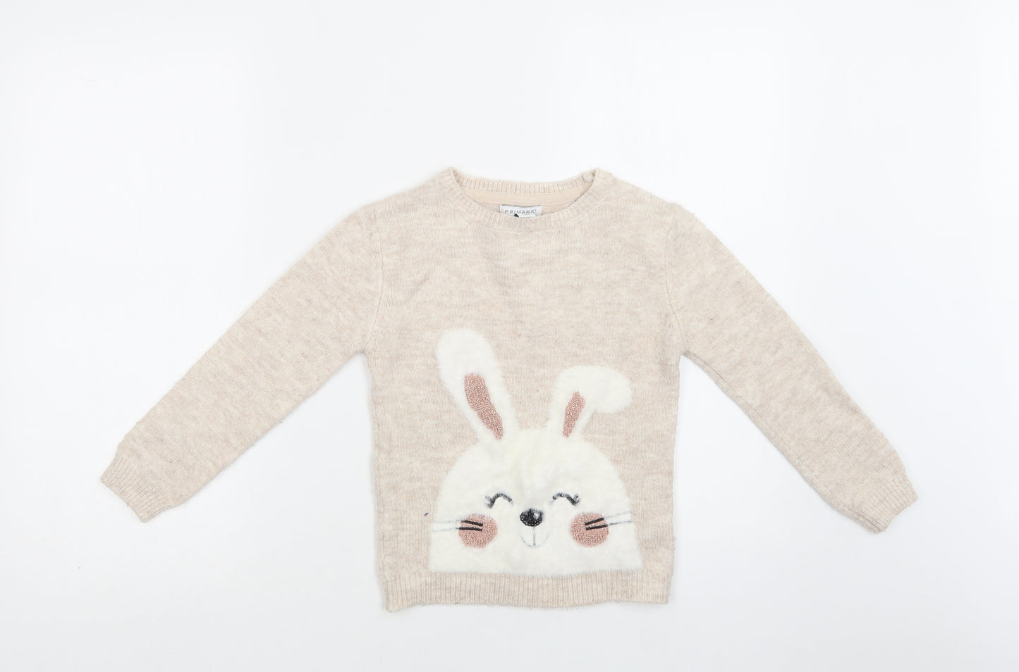 Primark Girls Beige Crew Neck  Acetate Pullover Jumper Size 6-7 Years   - Bunny