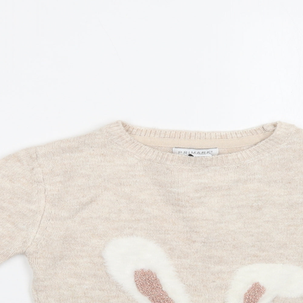 Primark Girls Beige Crew Neck  Acetate Pullover Jumper Size 6-7 Years   - Bunny
