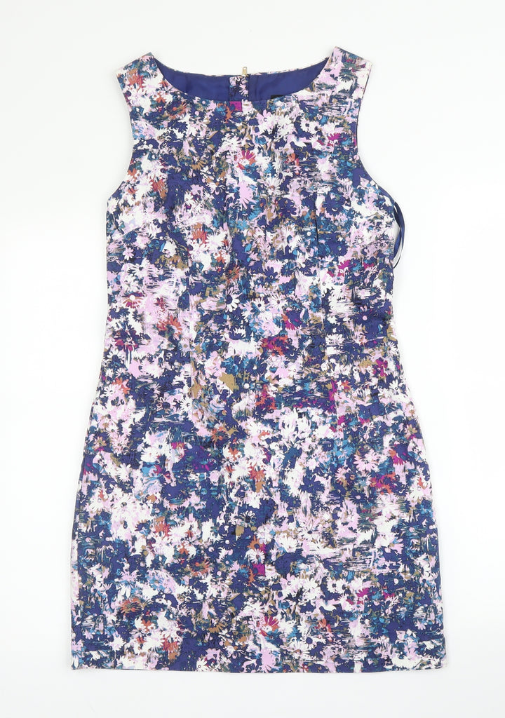 New Look Womens Purple Floral Cotton A-Line Size 10 Round Neck Zip