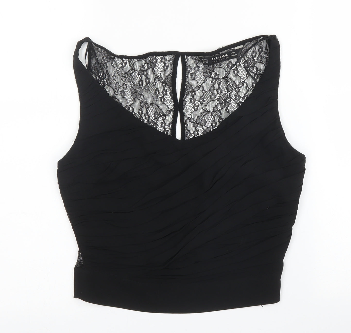 Zara Womens Black Floral Polyester Basic Blouse Size XS Scoop Neck