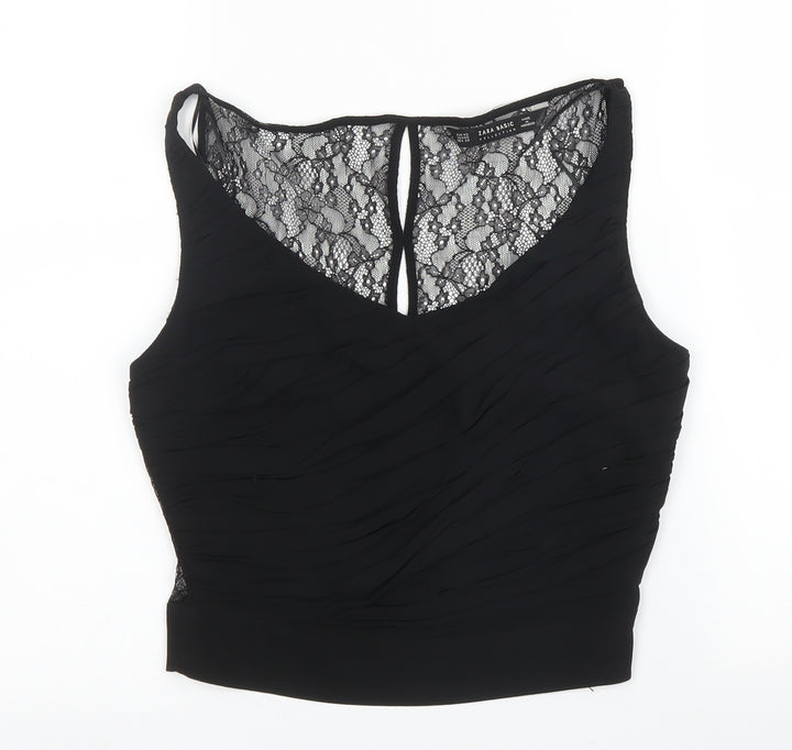 Zara Womens Black Floral Polyester Basic Blouse Size XS Scoop Neck