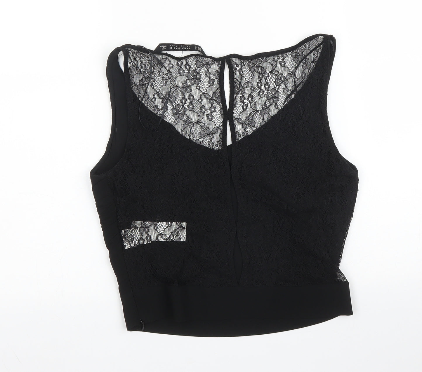 Zara Womens Black Floral Polyester Basic Blouse Size XS Scoop Neck