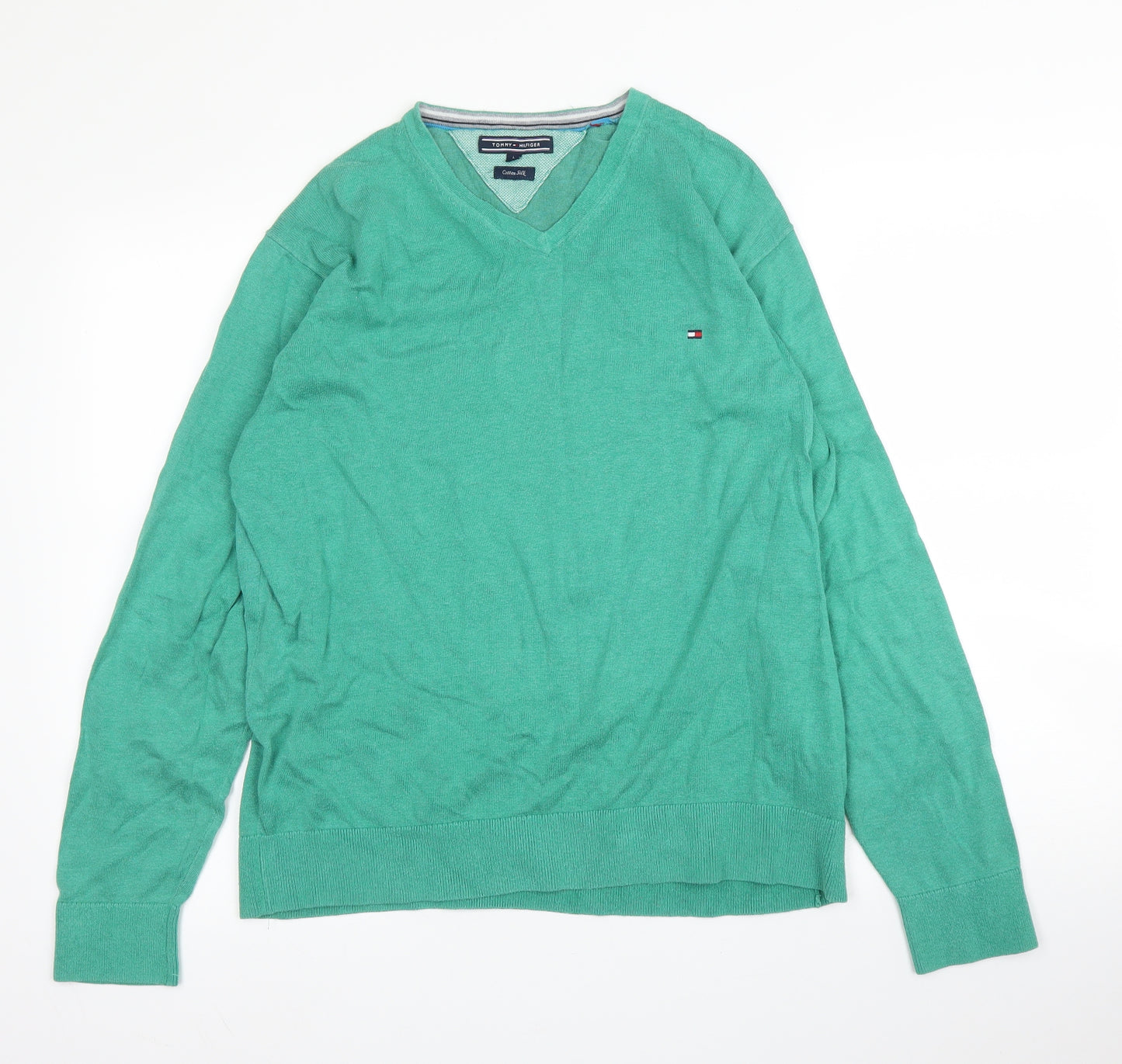 Tommy Hilfiger Mens Green V-Neck  Cotton Pullover Jumper Size L