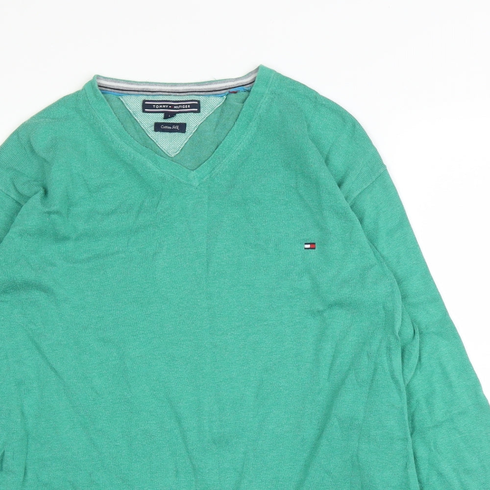 Tommy Hilfiger Mens Green V-Neck  Cotton Pullover Jumper Size L