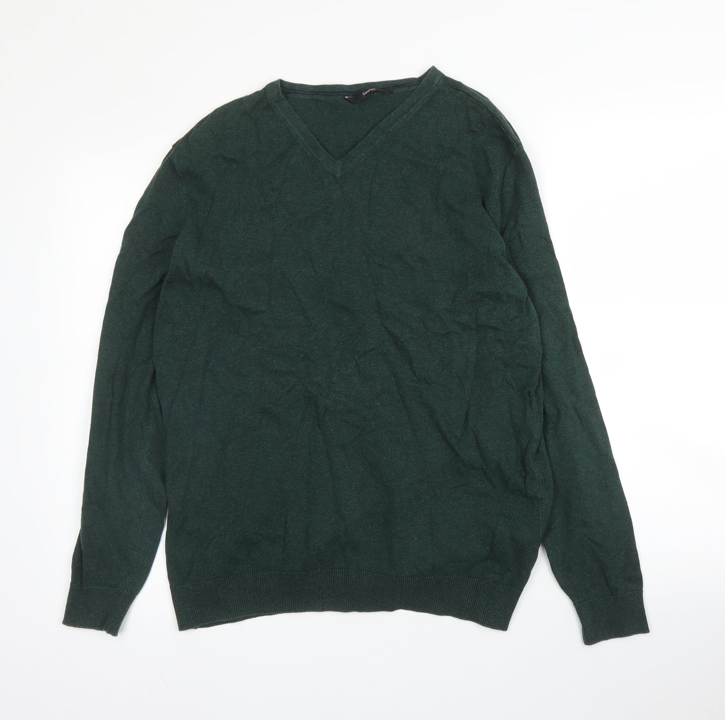 George Mens Green V-Neck  Cotton Pullover Jumper Size M