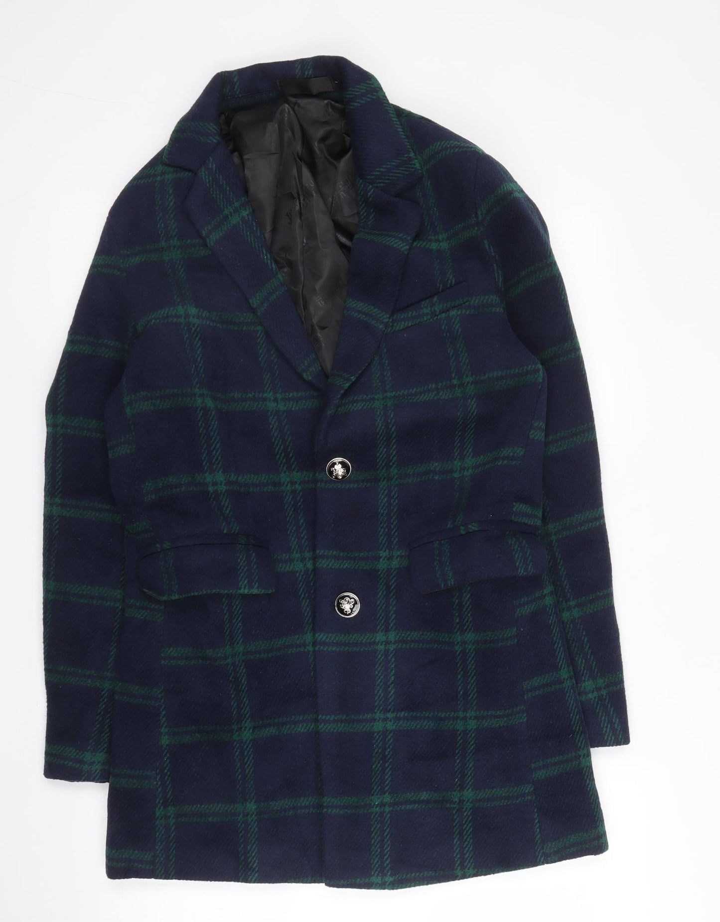 Preworn Womens Blue Plaid  Overcoat Coat Size L  Button