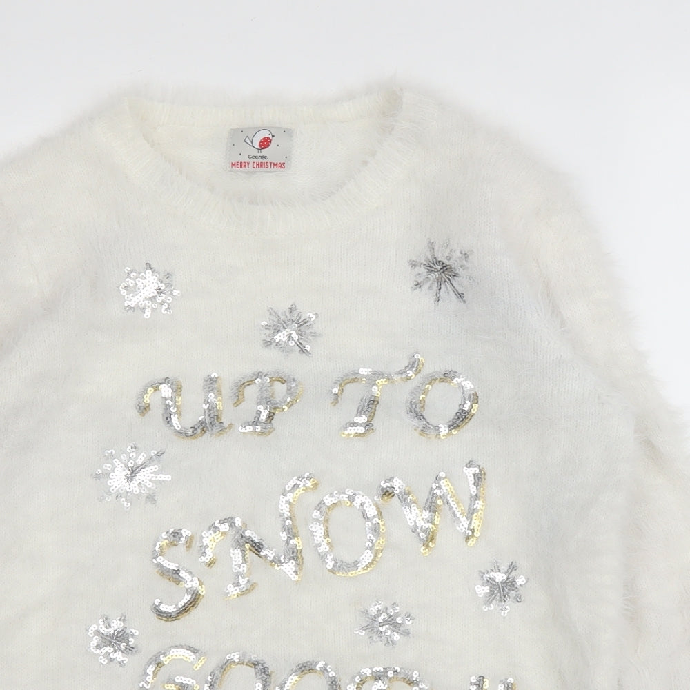 George Womens White Round Neck  Acrylic Pullover Jumper Size M   - Christmas