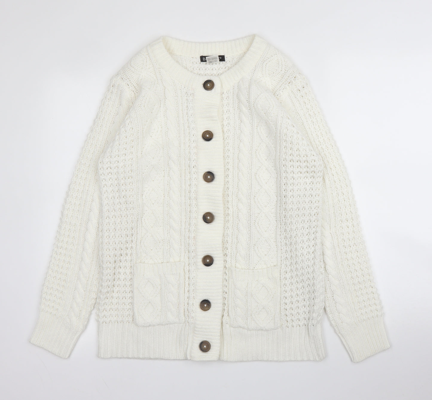 Balsamik Womens White Round Neck  Acrylic Cardigan Jumper Size 12