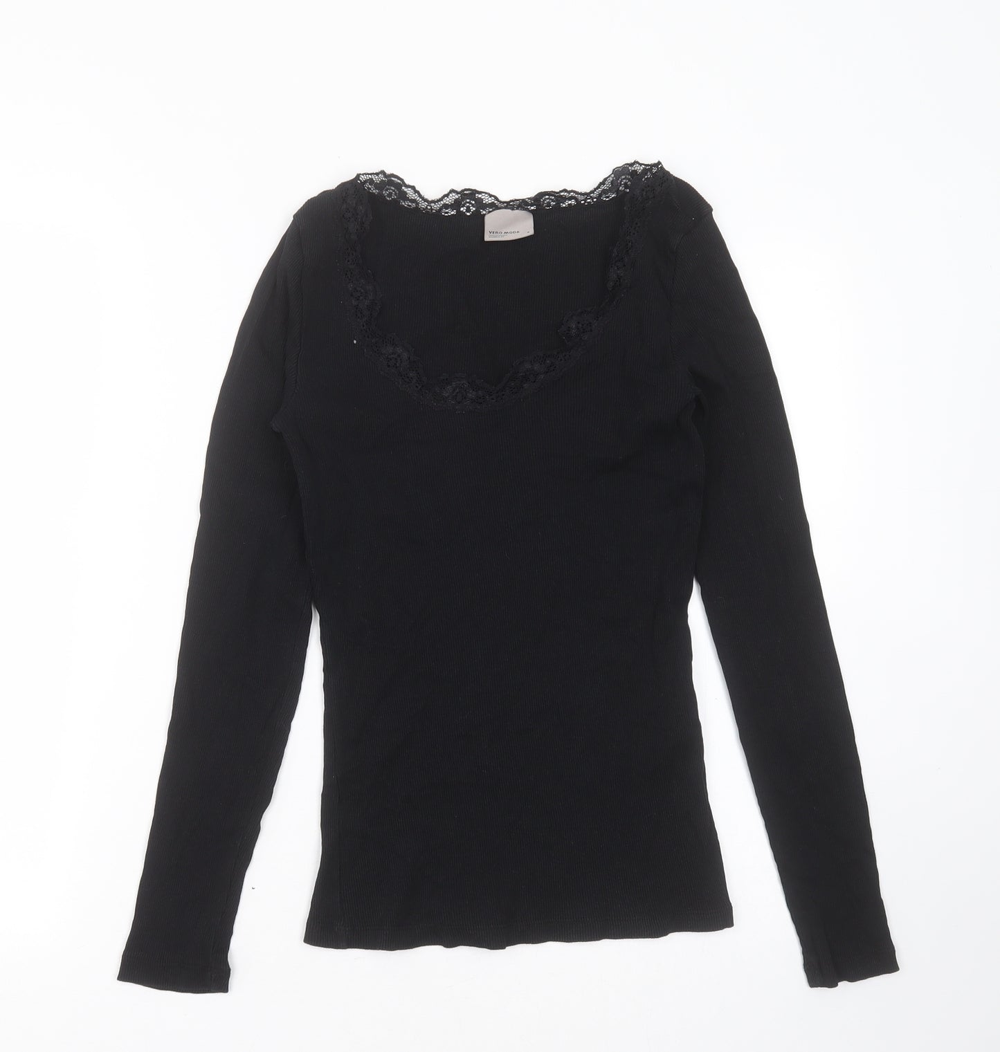 VERO MODA Womens Black  Cotton Basic T-Shirt Size M Scoop Neck - lace trim
