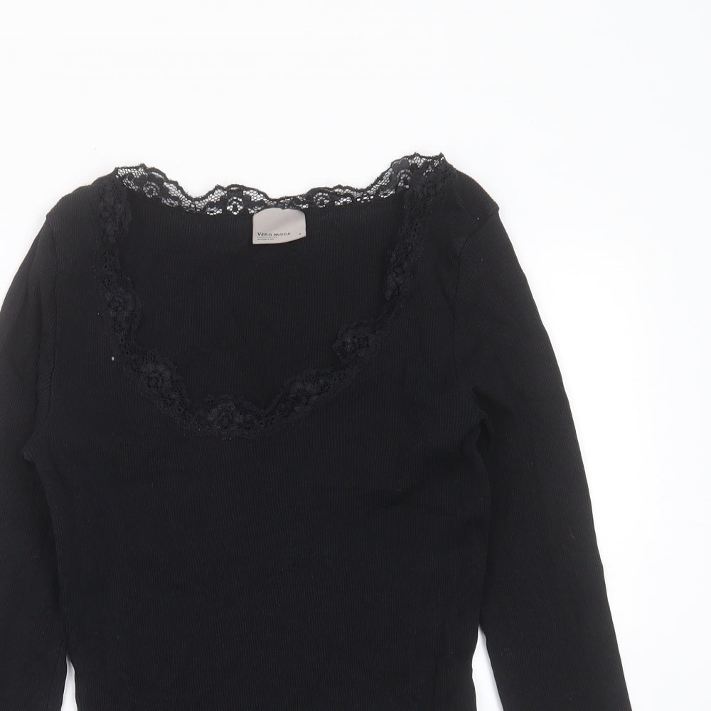 VERO MODA Womens Black  Cotton Basic T-Shirt Size M Scoop Neck - lace trim