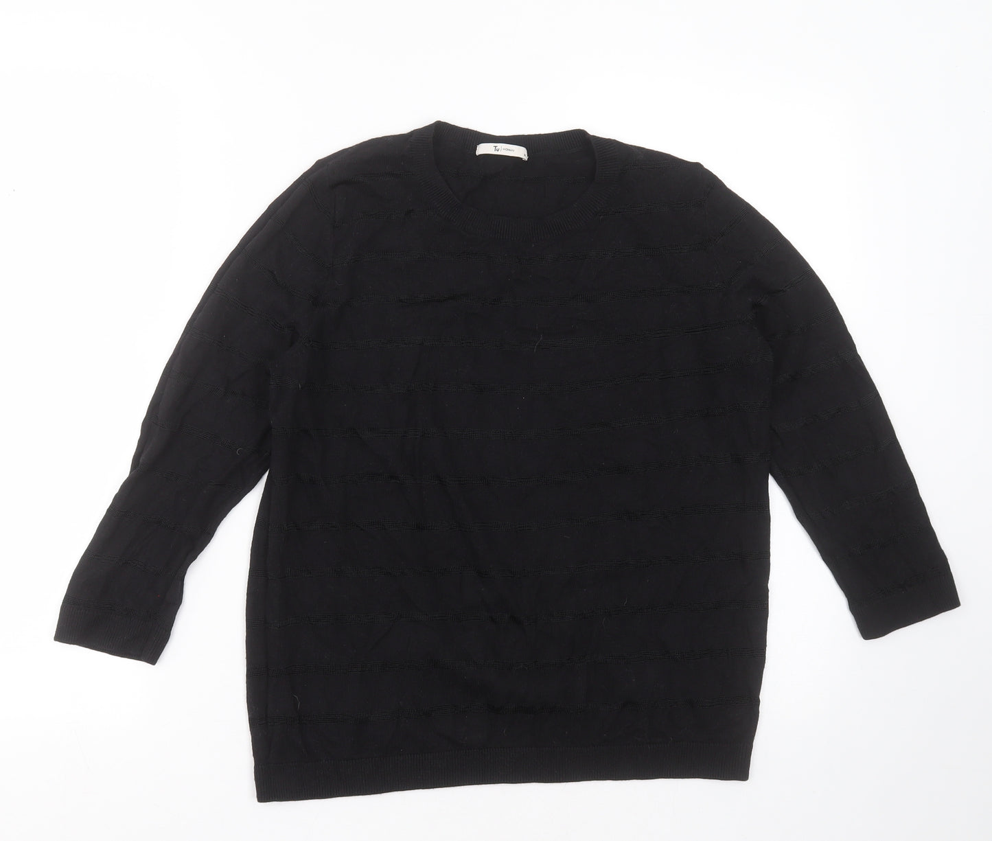 TU Womens Black Round Neck Striped Cotton Pullover Jumper Size 14