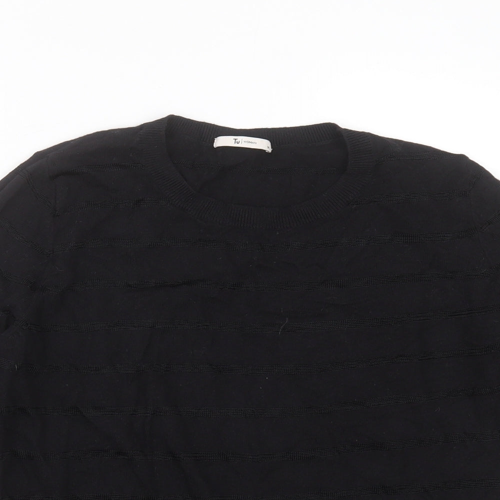 TU Womens Black Round Neck Striped Cotton Pullover Jumper Size 14