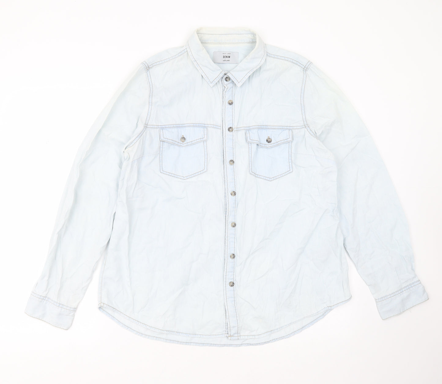 New Look Womens Blue  Cotton Basic Button-Up Size 16 Collared