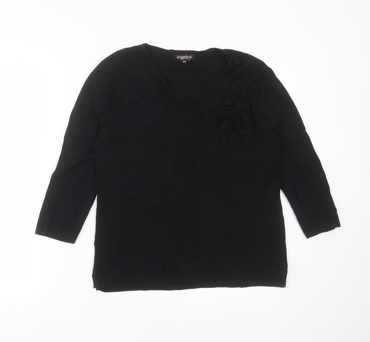 Angelina Womens Black Round Neck Floral Viscose Pullover Jumper Size S - floral detail