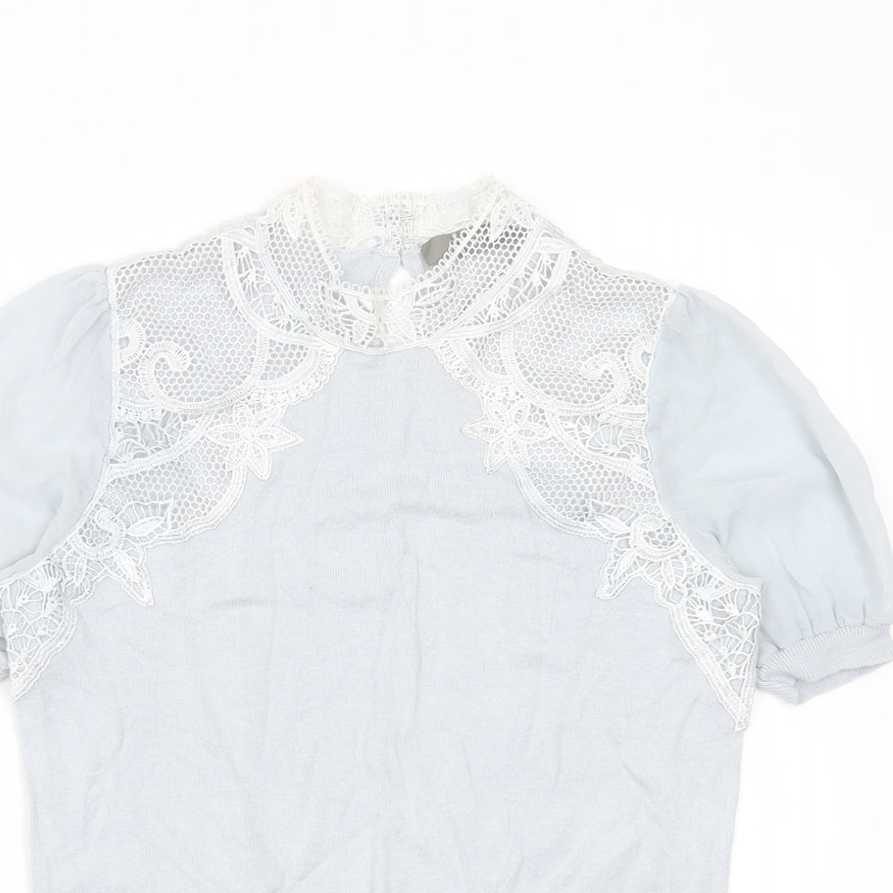 Oasis Womens Blue Round Neck Floral Cotton Pullover Jumper Size S   - lace detail