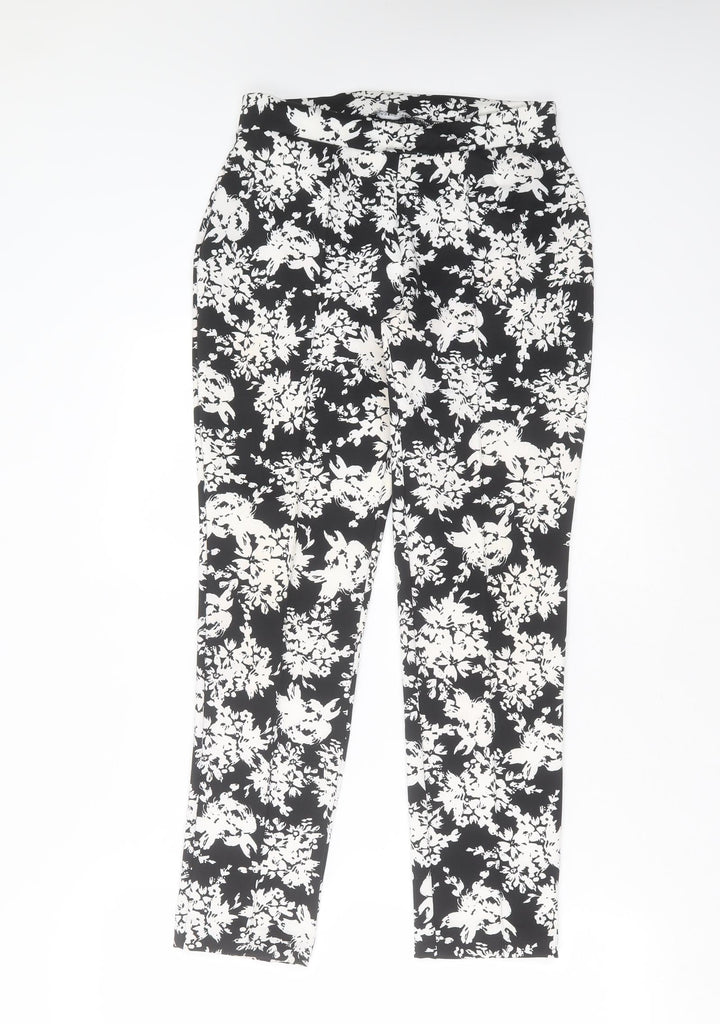 Warehouse Womens Black Floral Polyester Trousers Size 10 L27 in Slim