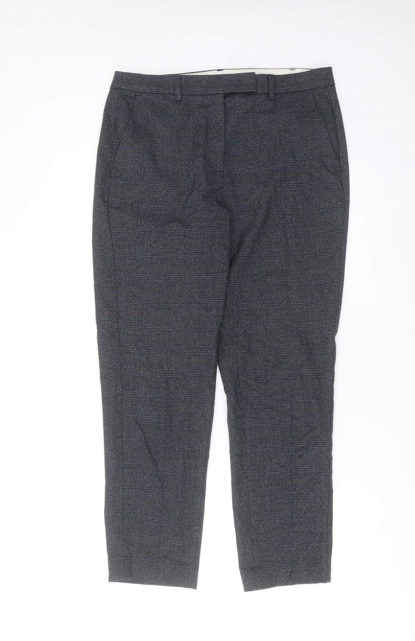 Marks and Spencer Womens Blue Check Polyester Trousers  Size 12 L25 in Regular Zip