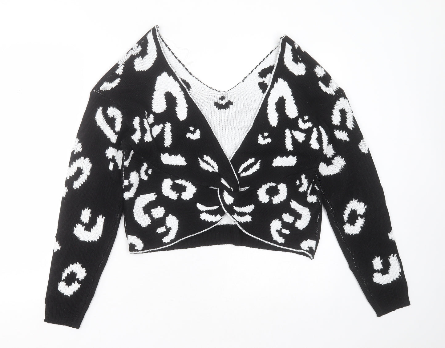 Boohoo Womens Black V-Neck Animal Print Acrylic Pullover Jumper Size S