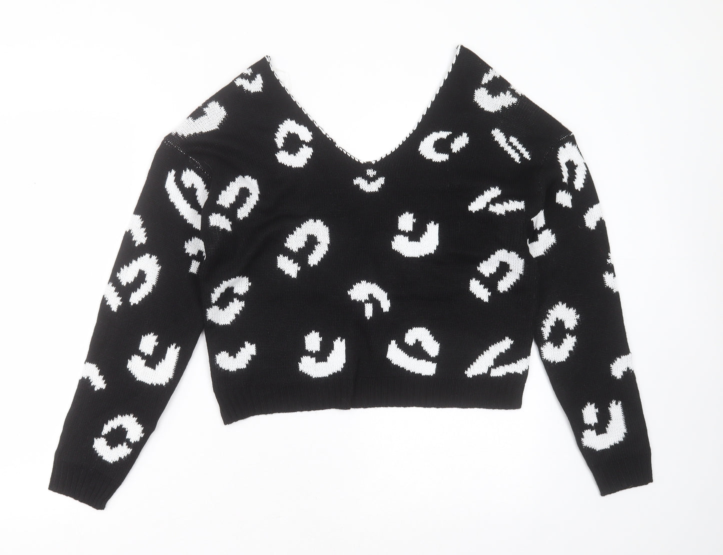 Boohoo Womens Black V-Neck Animal Print Acrylic Pullover Jumper Size S