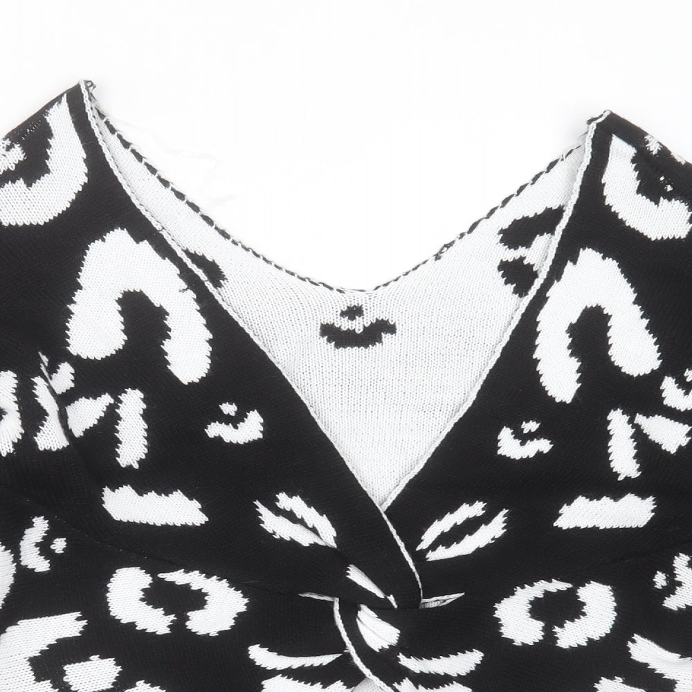 Boohoo Womens Black V-Neck Animal Print Acrylic Pullover Jumper Size S