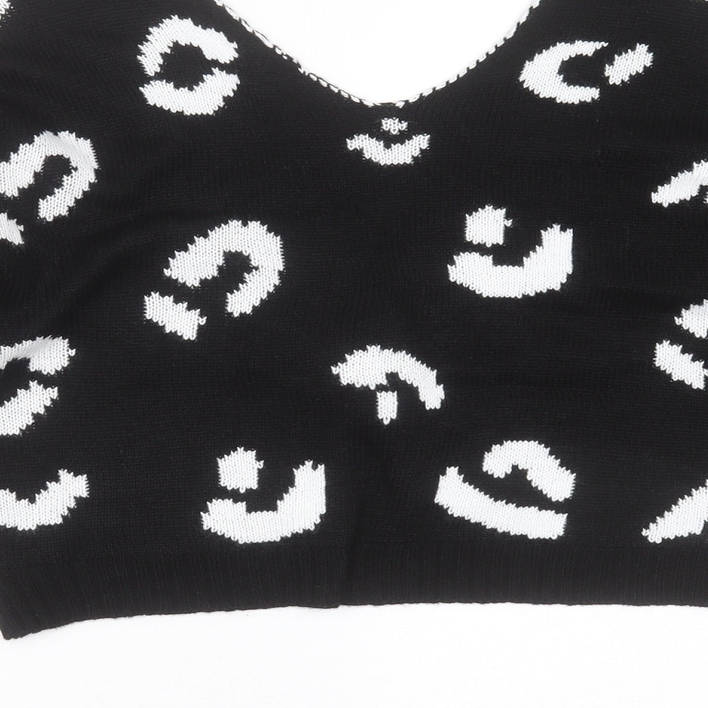 Boohoo Womens Black V-Neck Animal Print Acrylic Pullover Jumper Size S
