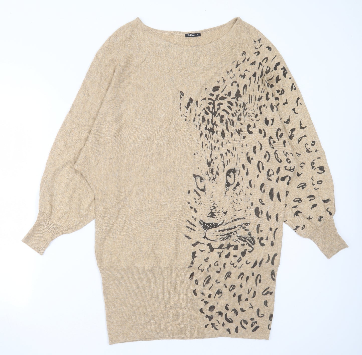 Roman Womens Beige Animal Print Viscose Jumper Dress  Size 16  Round Neck