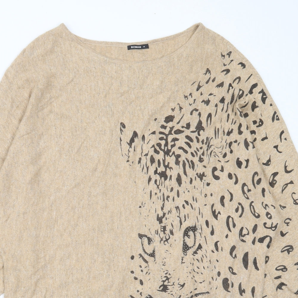Roman Womens Beige Animal Print Viscose Jumper Dress  Size 16  Round Neck