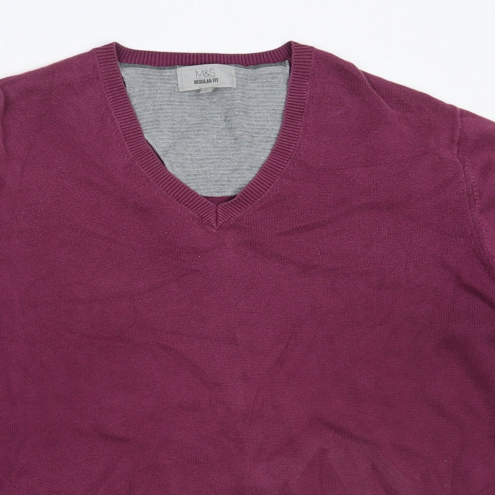 Marks and Spencer Mens Purple V-Neck  Cotton Pullover Jumper Size L