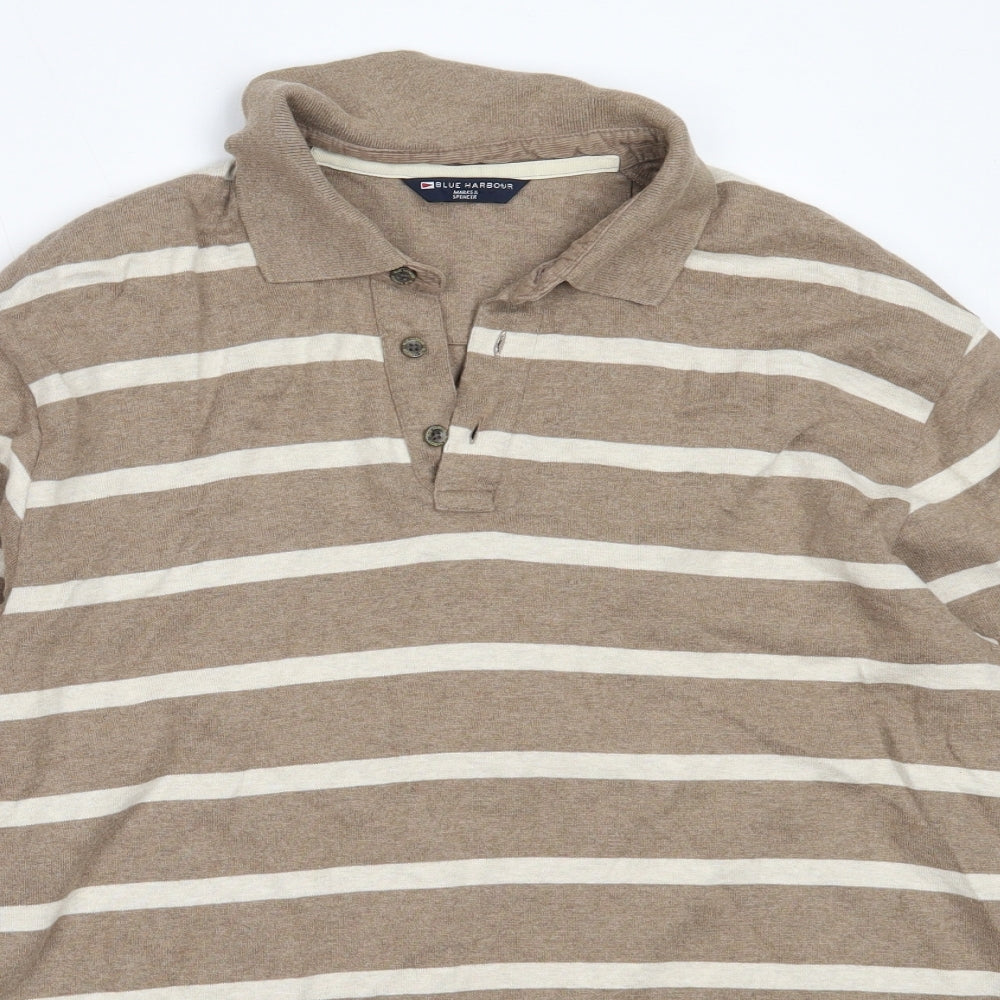 Marks and Spencer Mens Brown Collared Striped Cotton Pullover Jumper Size S