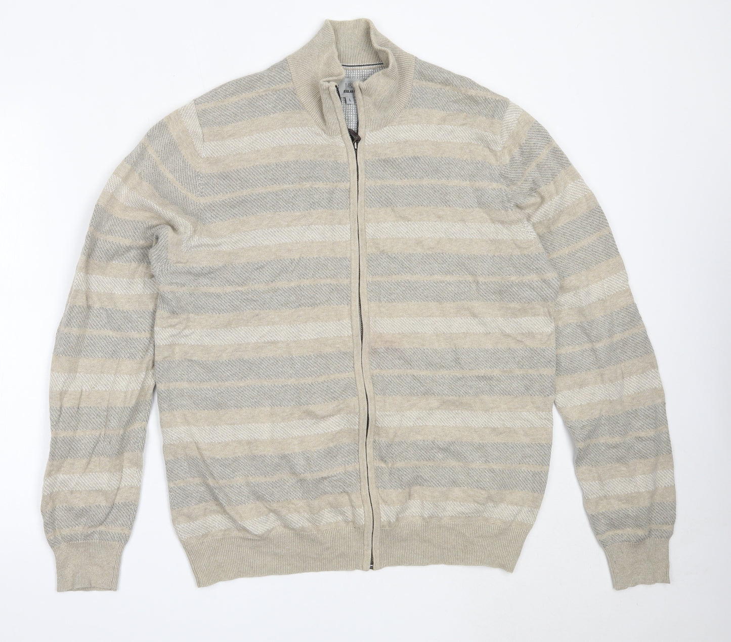 Marks and Spencer Mens Beige Round Neck  Cotton Full Zip Jumper Size L