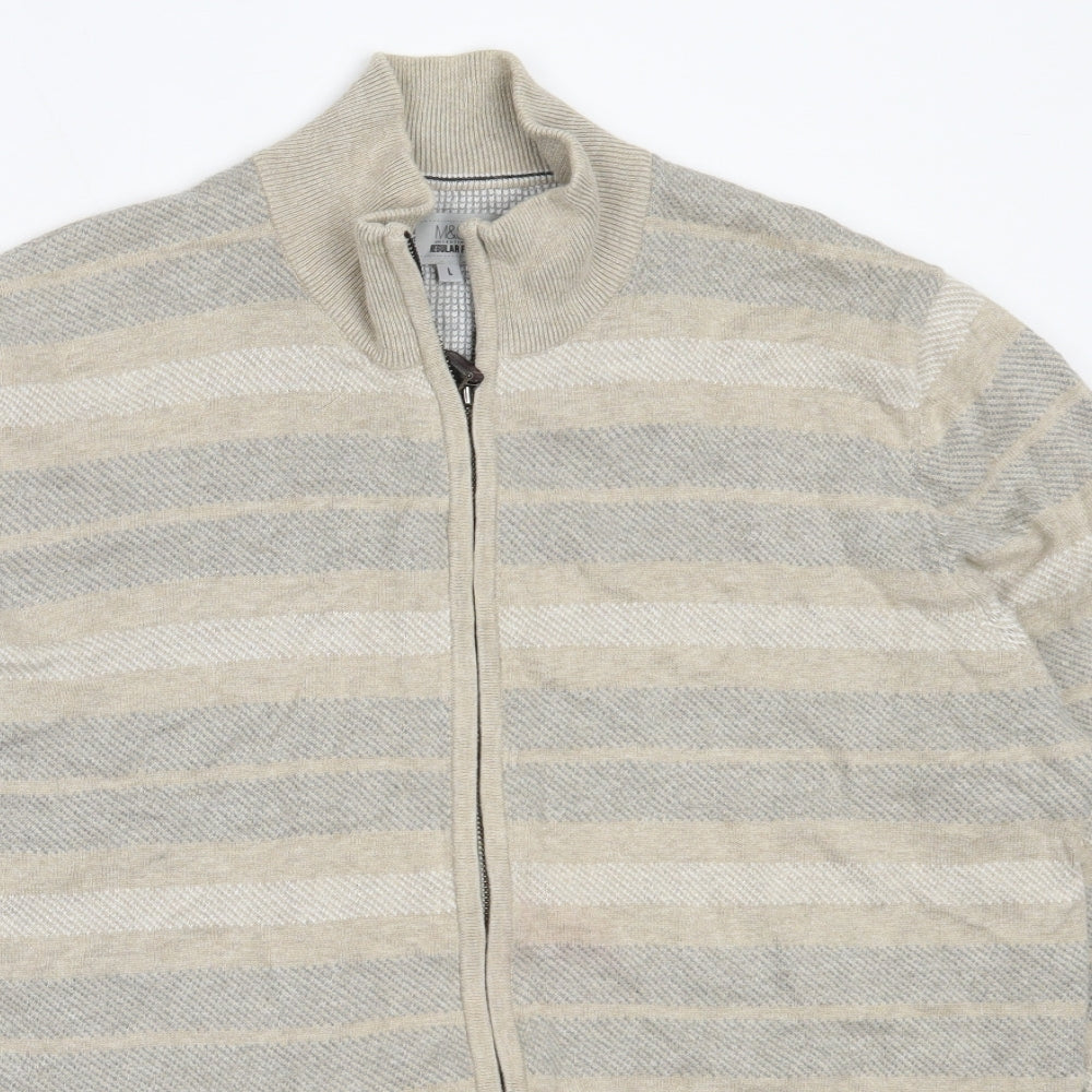 Marks and Spencer Mens Beige Round Neck  Cotton Full Zip Jumper Size L