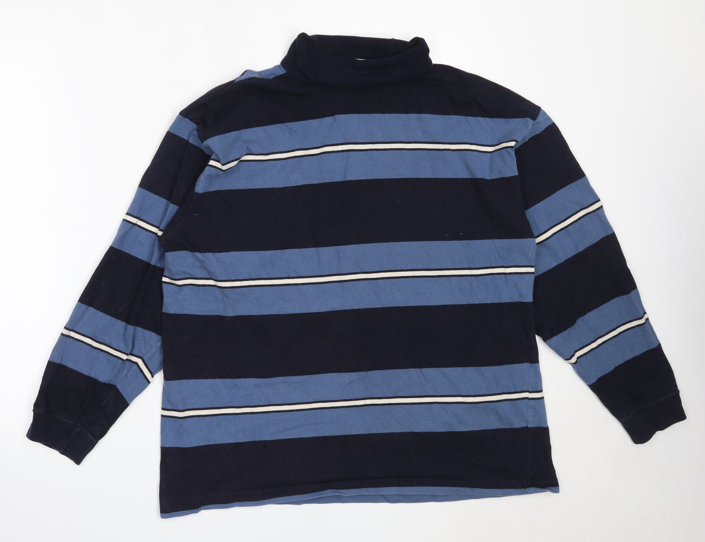 Marks and Spencer Mens Blue Striped Cotton  T-Shirt Size L Roll Neck