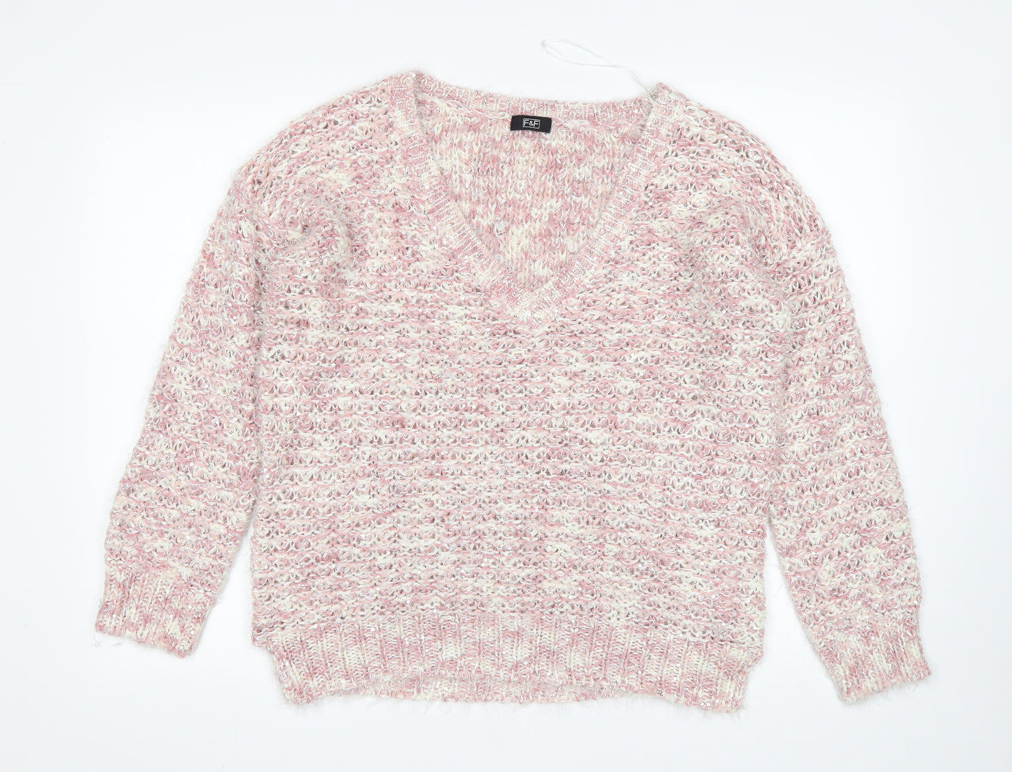 F&F Womens Multicoloured V-Neck  Acrylic Pullover Jumper Size 14