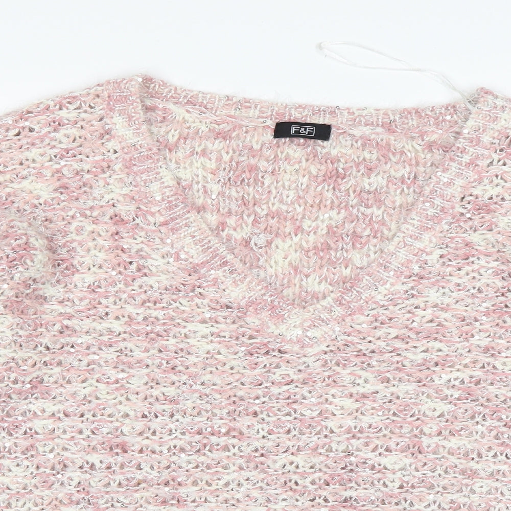 F&F Womens Multicoloured V-Neck  Acrylic Pullover Jumper Size 14