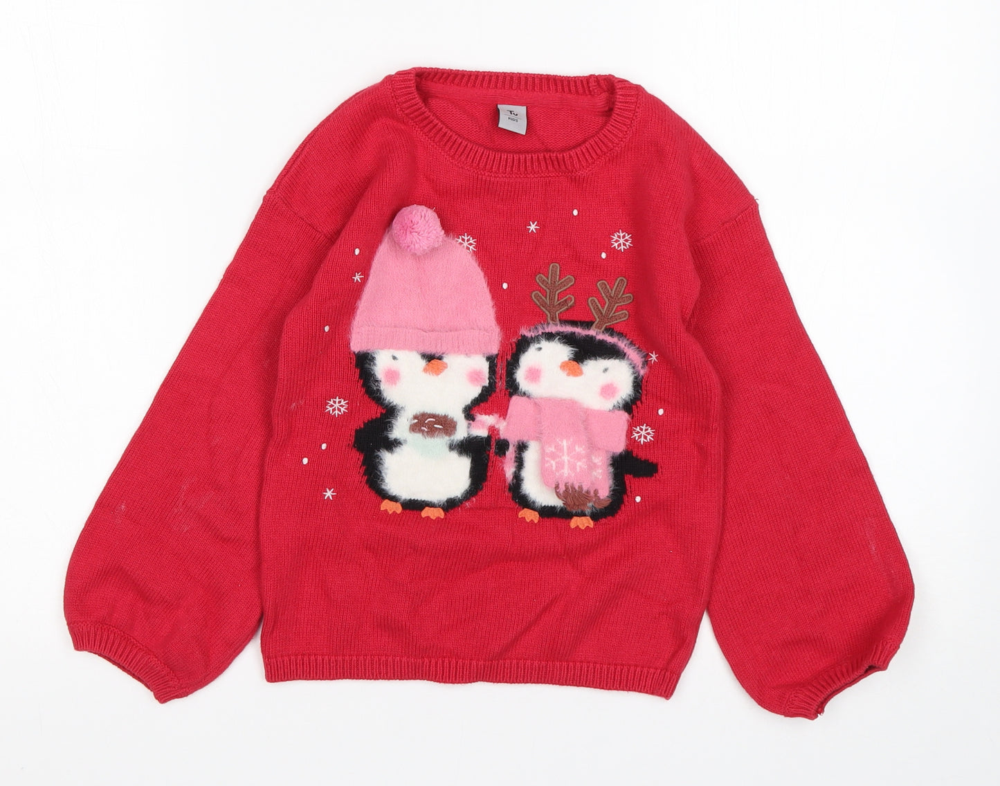 TU Girls Red Round Neck  Cotton Pullover Jumper Size 4-5 Years   - Christmas